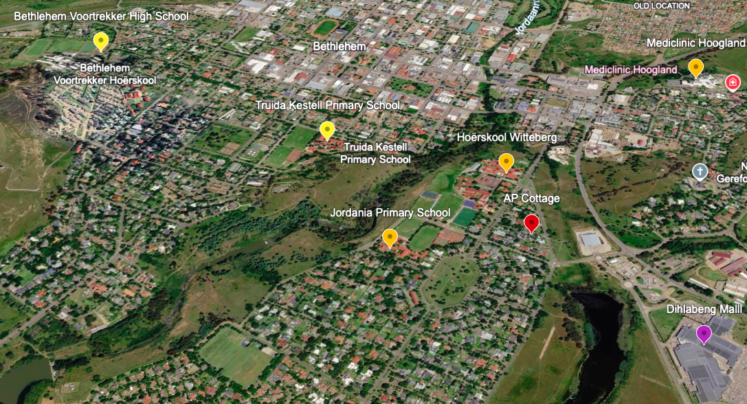 Aerial view showing AP Cottage near Bethlehem schools and Dihlabeng Mall
